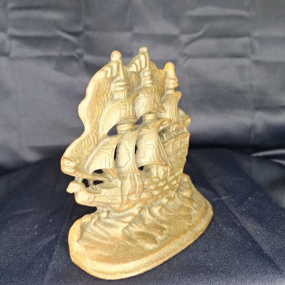 Vintage Cast Iron Ship Sailing Doorstop Bookend Decor Heavy Bronzed Antique Ship